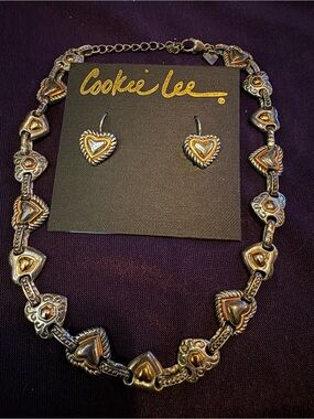 Cookie Lee Two-Tone Heart Necklace with Matching Heart Earrings